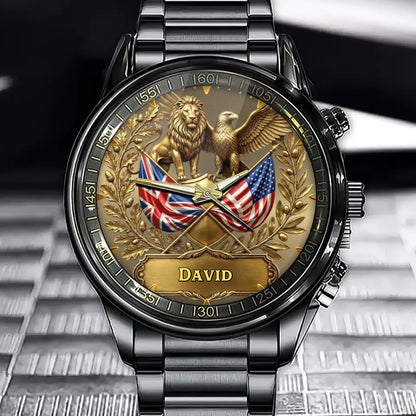 Custom Lion & Eagle Watch with Personalized Dual Flags Design for British Americans