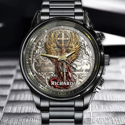 Personalized Christian Angel Themed Watch - "The Lord is a Warrior" Scripture Design with Custom Name