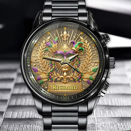 Custom Mardi Gras Jester Watch – Personalized Name with Mask & Music Notes