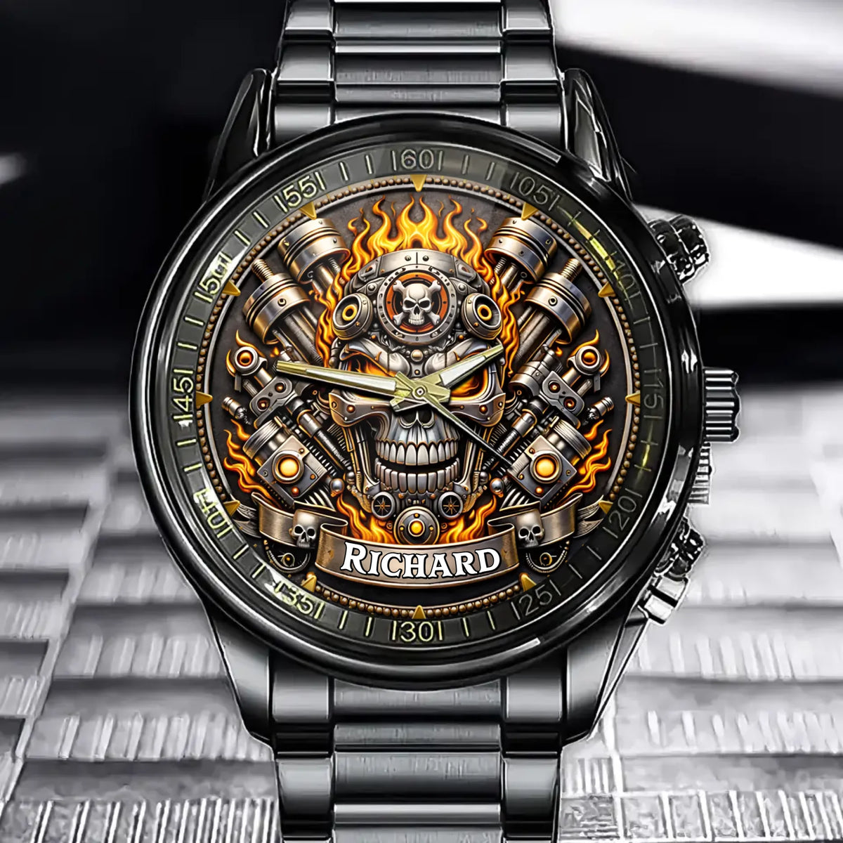 Personalized Mechanical Punk Themed Watch - Skull & Engine Design with Custom Name