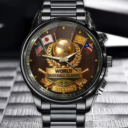 Personalized 2026 Baseball Tournament Watch - Global Game Motif Design with Custom Name