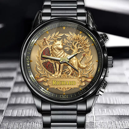 Personalized Nordic Wolf Crest Watch – Custom Name, Mythic Heritage