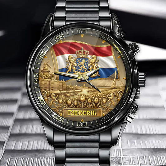 Personalized Golden Netherlands Watch – Custom Name, National Icons Collector