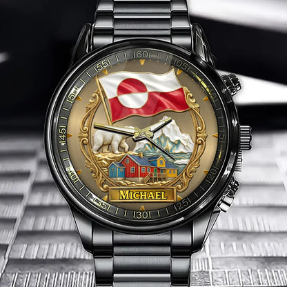 Personalized Greenland Pride Watch - Custom Name with Polar Bear and Polar Landscape