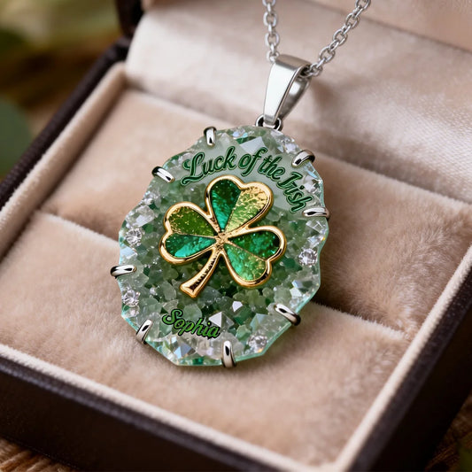 Luck of the Irish - Personalized Shamrock Oval Crushed Crystal Pendant Necklace