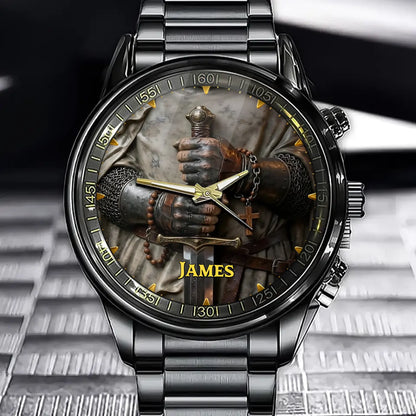 Personalized Templar Warrior Watch – Custom Name Dial Art, Chainmail Hands & Sword Design