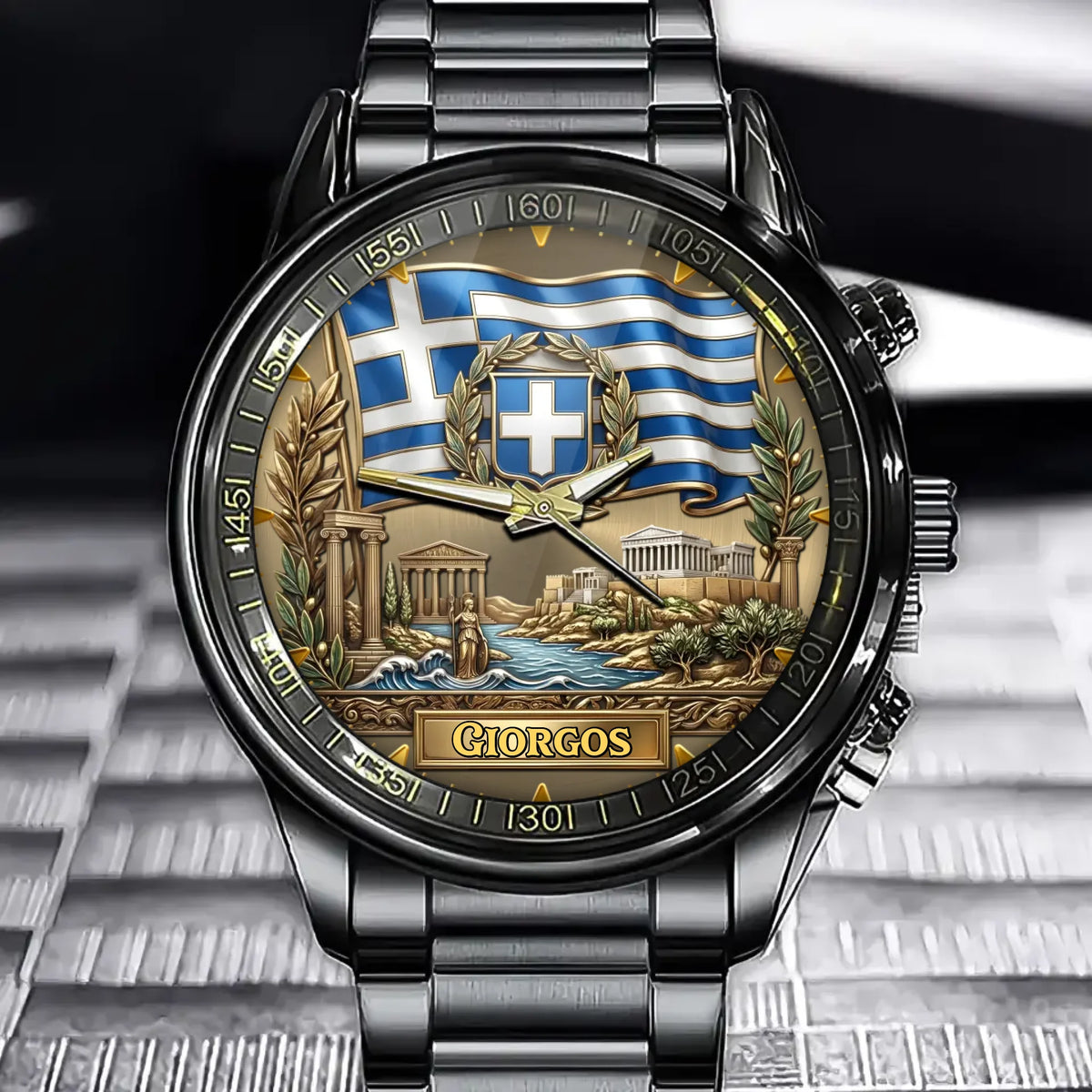 Personalized Greece Heritage Watch – Custom Name With Flag and Iconic Landmarks