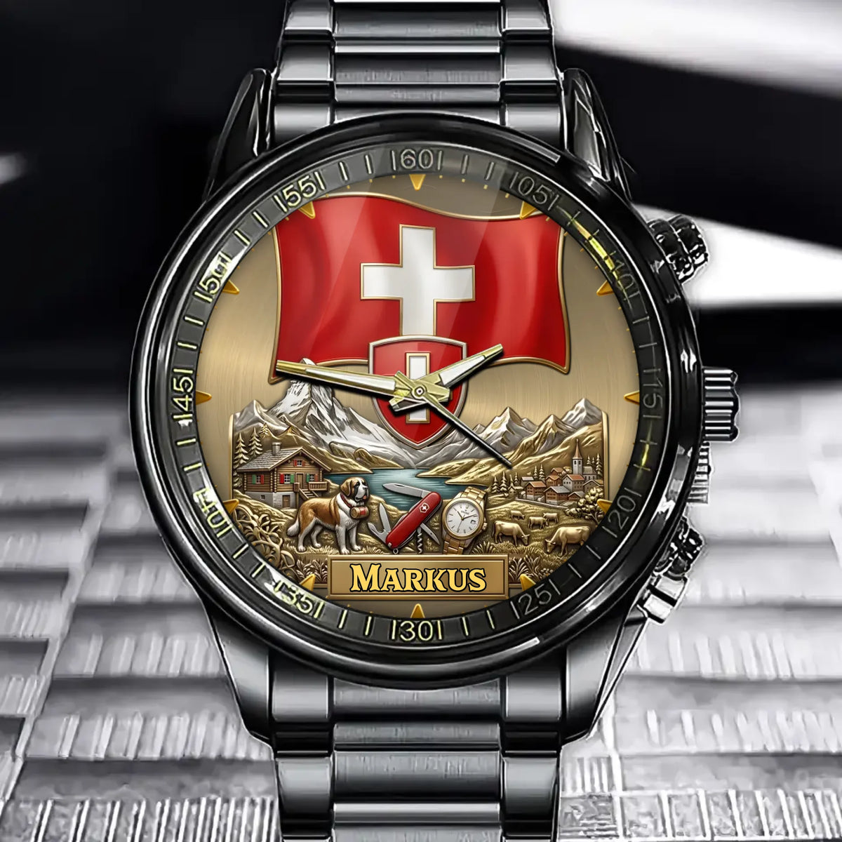 Personalized Switzerland Heritage Watch – Custom Name With Swiss Flag and Crest