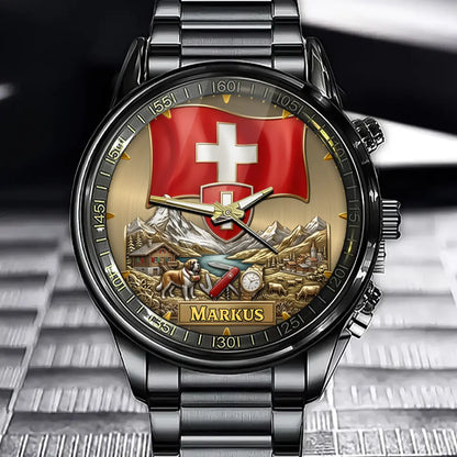 Personalized Switzerland Heritage Watch – Custom Name With Swiss Flag and Crest