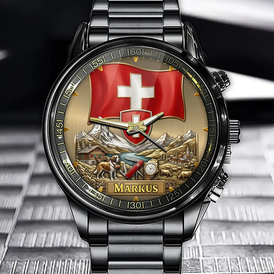 Personalized Switzerland Heritage Watch – Custom Name With Swiss Flag and Crest