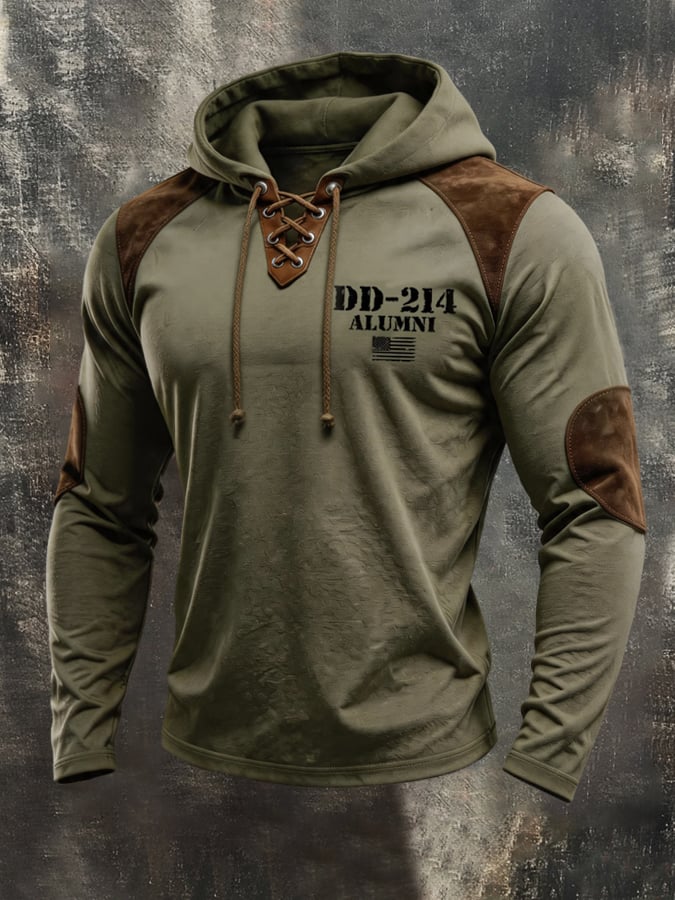 Men's DD-214 Vintage-Style Suede-Panel Lace-Up Hoodie