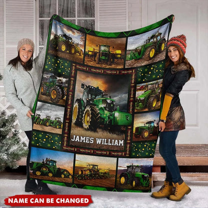 Custom Name Green Farm Tractor Blanket - Personaliz (1)