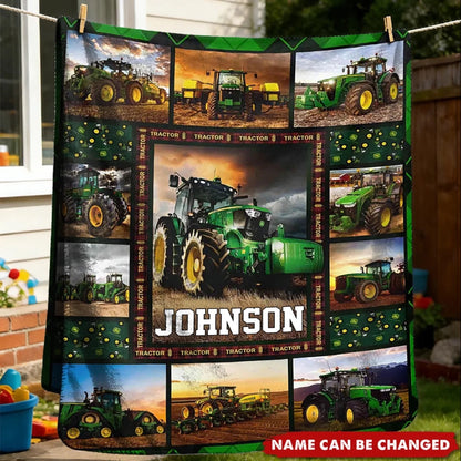 Custom Name Green Farm Tractor Blanket - Personaliz