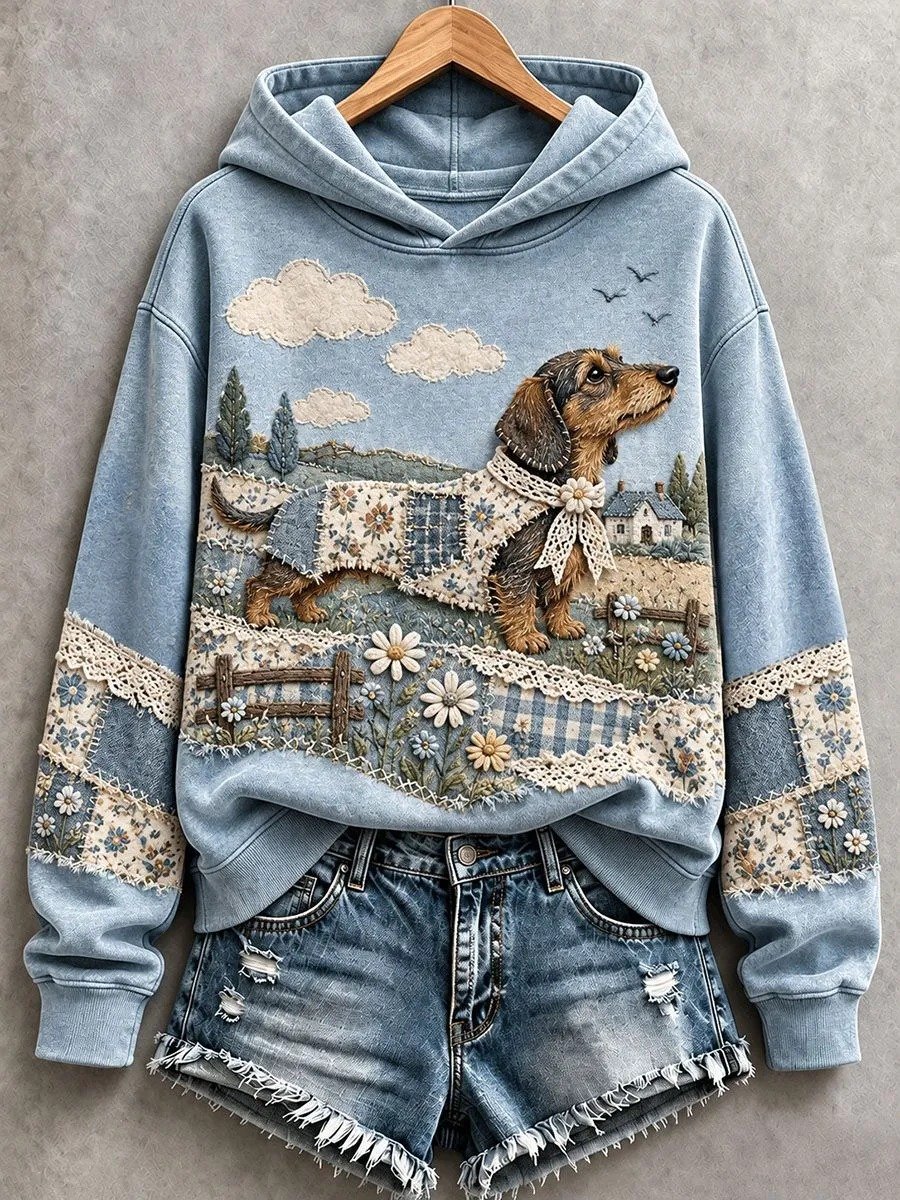 Women's Cute Dog Patchwork Print Long-Sleeve Sweatshirt