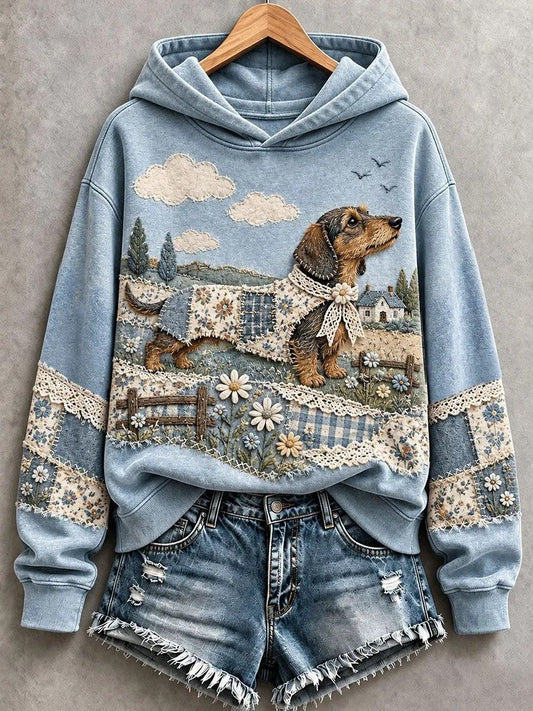 Women's Cute Dog Patchwork Print Long-Sleeve Sweatshirt