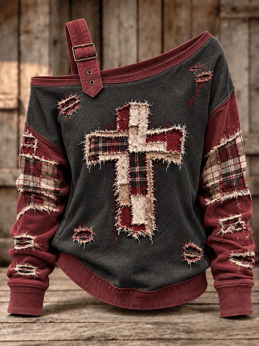 Women's Faith Patchwork Art Pattern Off-Shoulder Comfortable Sweatshirt