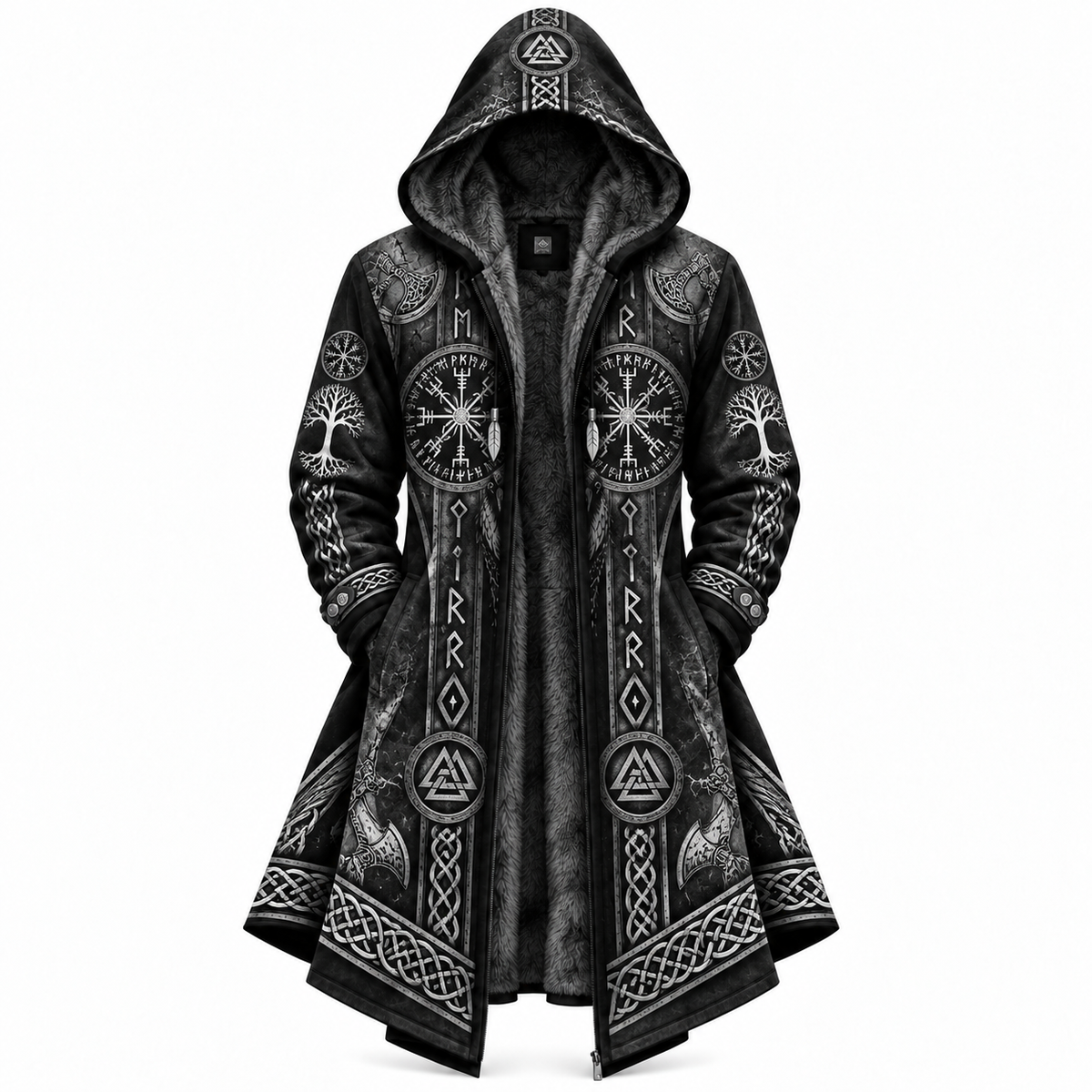 Black Viking Compass Raven Zip-Up Hooded Jacket