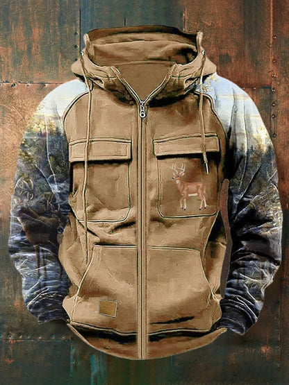 Men's Vintage Western Deer Print Multi-Pocket Jacket