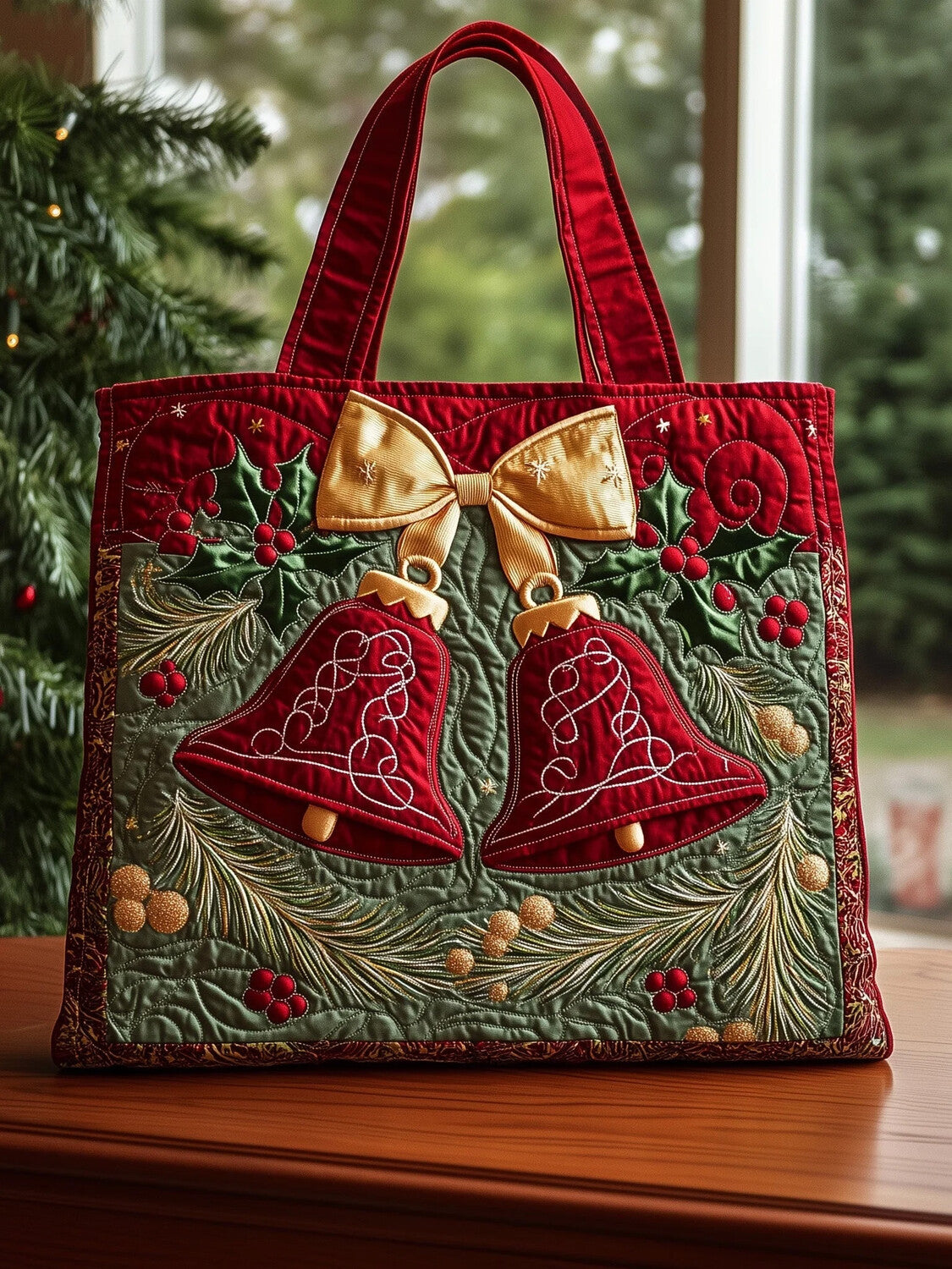 Women's Christmas Bells Holly Berry Print Shoulder Tote Bag