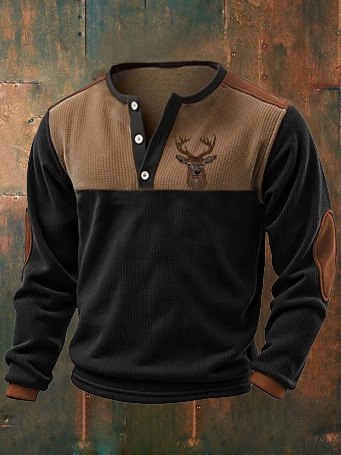 Men's Retro Western Deer Head Print Henley Shirt