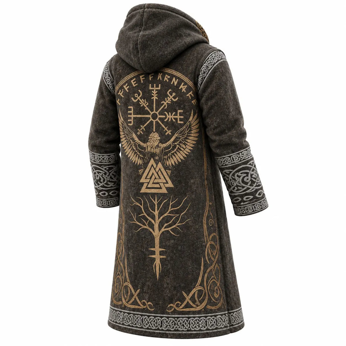 Viking-Style Totem Rune Printed Fleece-Lined Hooded Jacket