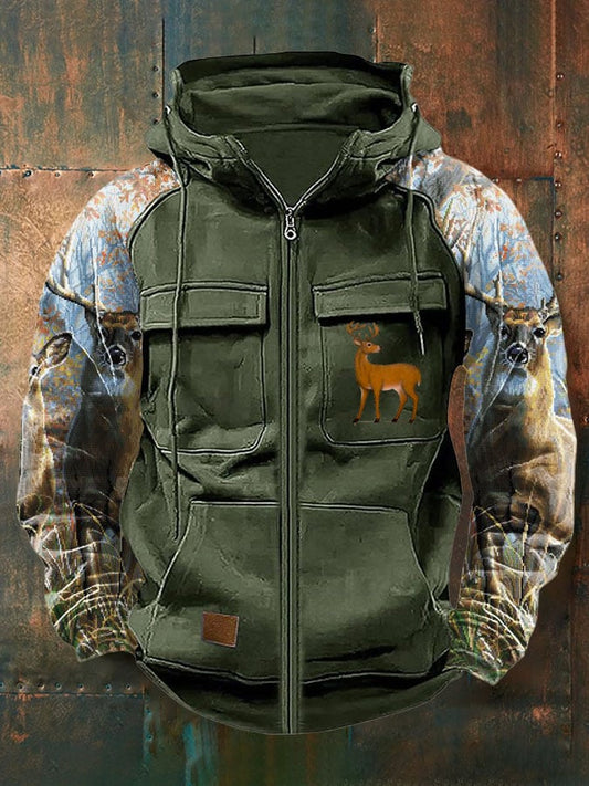 Men's Vintage Western Deer Print Multi-Pocket Jacket