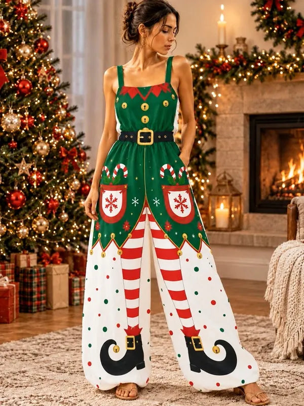 Women's Elf Candy Cane Snowflake Print Casual Overalls Jumpsuit