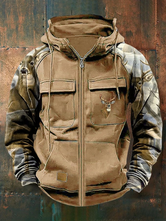 Men's Vintage Western Deer Print Multi-Pocket Jacket