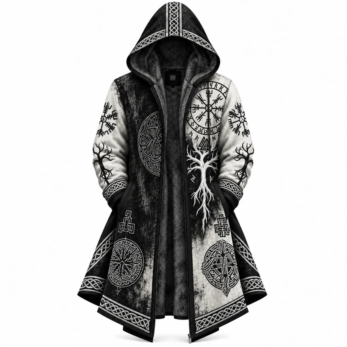 Black White Viking Rune Tree Zip-Up Hooded Jacket