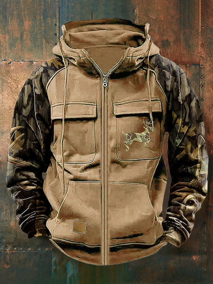 Men's Vintage Western Deer Print Multi-Pocket Jacket