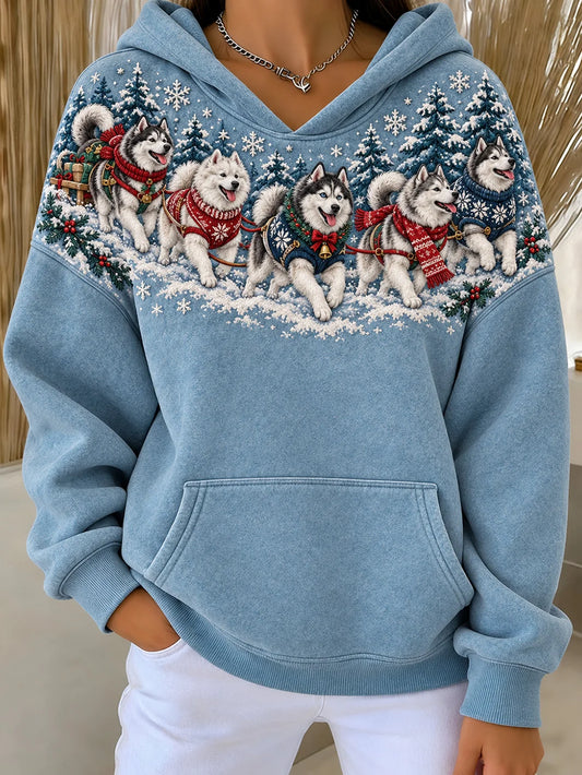 Women's Christmas Siberian Husky Dogs Pattern Design Casual Hoodie
