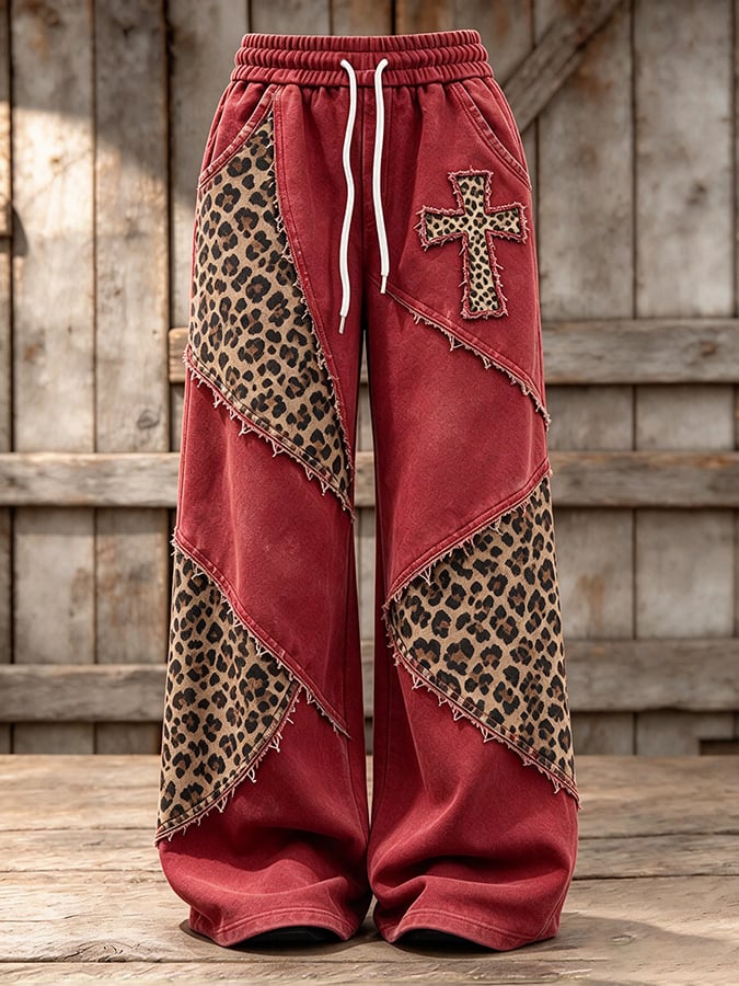Women's Retro Leopard Print Cross Pattern Patchwork Casual Sports Pants