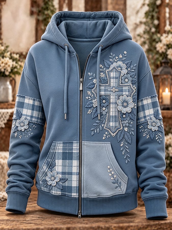 Women's Retro Camouflage Cross Pattern Patchwork Print Casual Hooded Sweatshirt