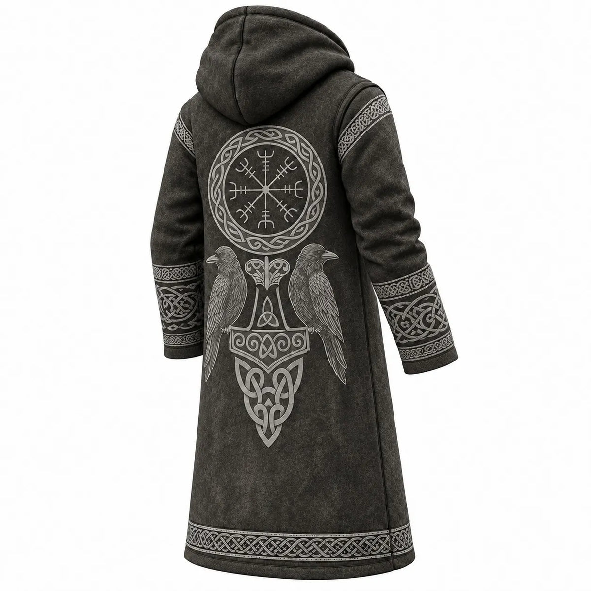 Men's Viking Raven Fleece-Lined Hooded Jacket - Gray Vintage Print