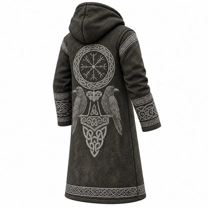 Men's Viking Raven Fleece-Lined Hooded Jacket - Gray Vintage Print