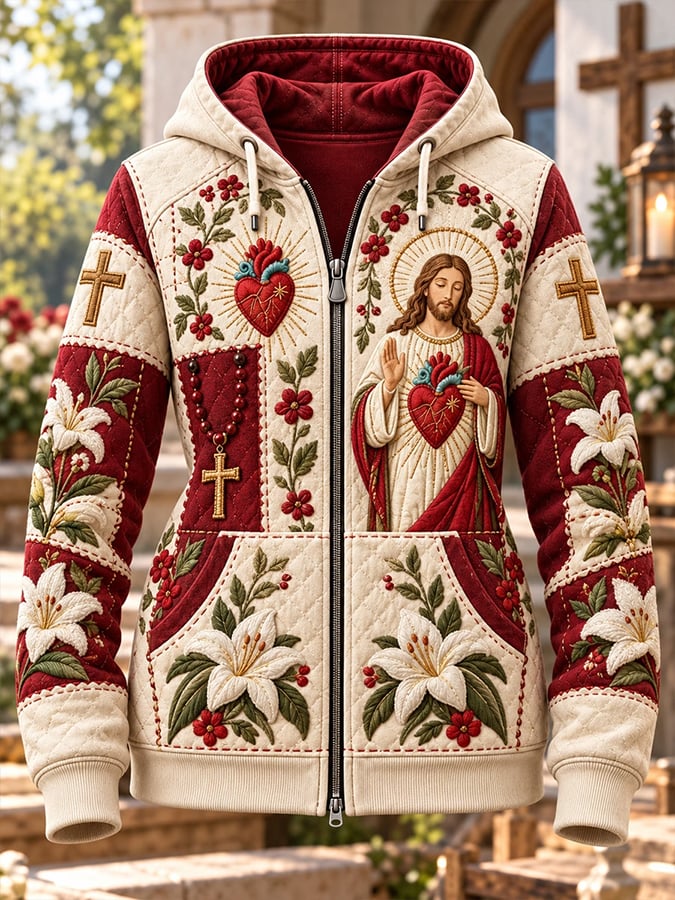 Women's Christian Floral Print Casual Zip-Up Hoodie