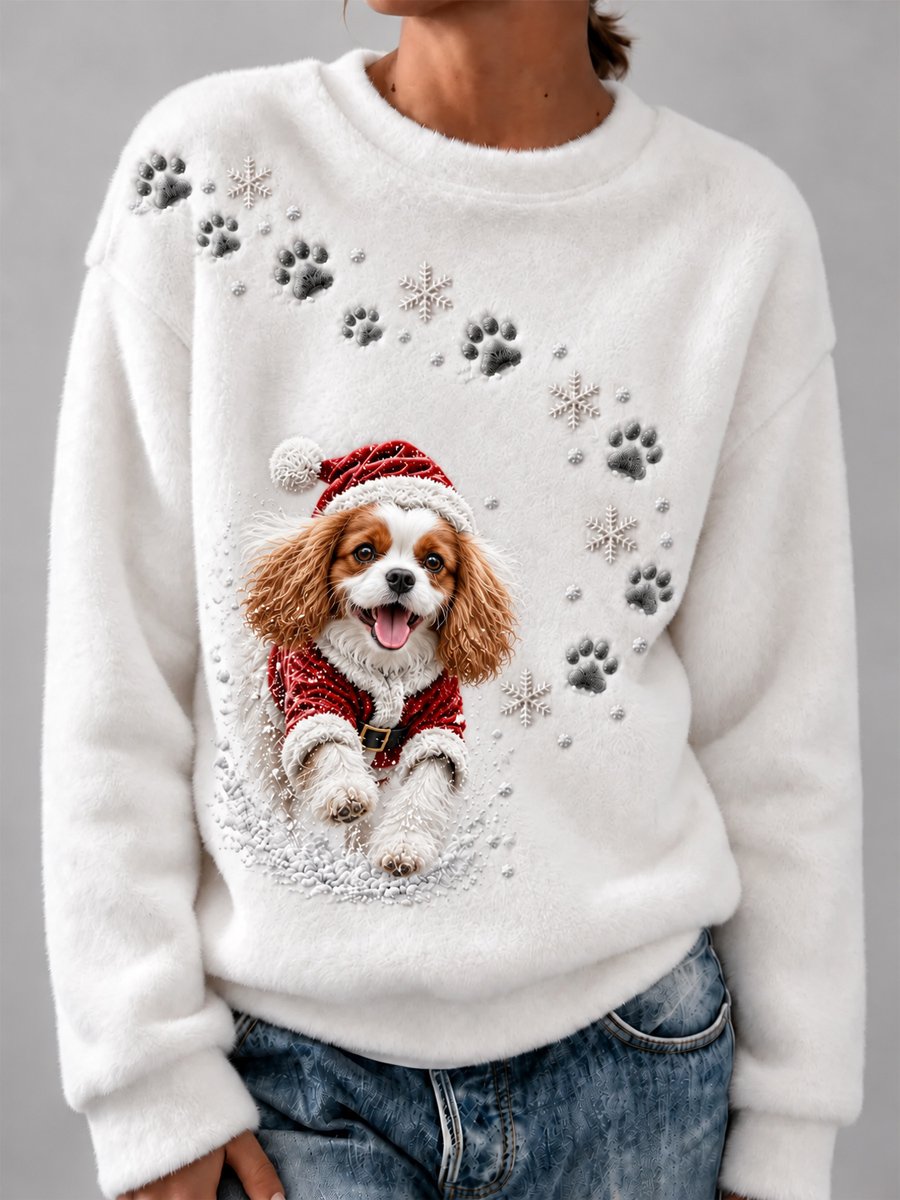 Women’s Cute Christmas Cavalier King Charles Spaniel-Print Comfy Flannel Sweatshirt