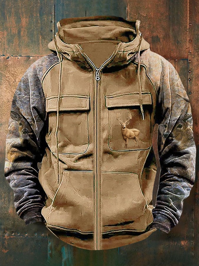 Men's Vintage Western Deer Print Multi-Pocket Jacket