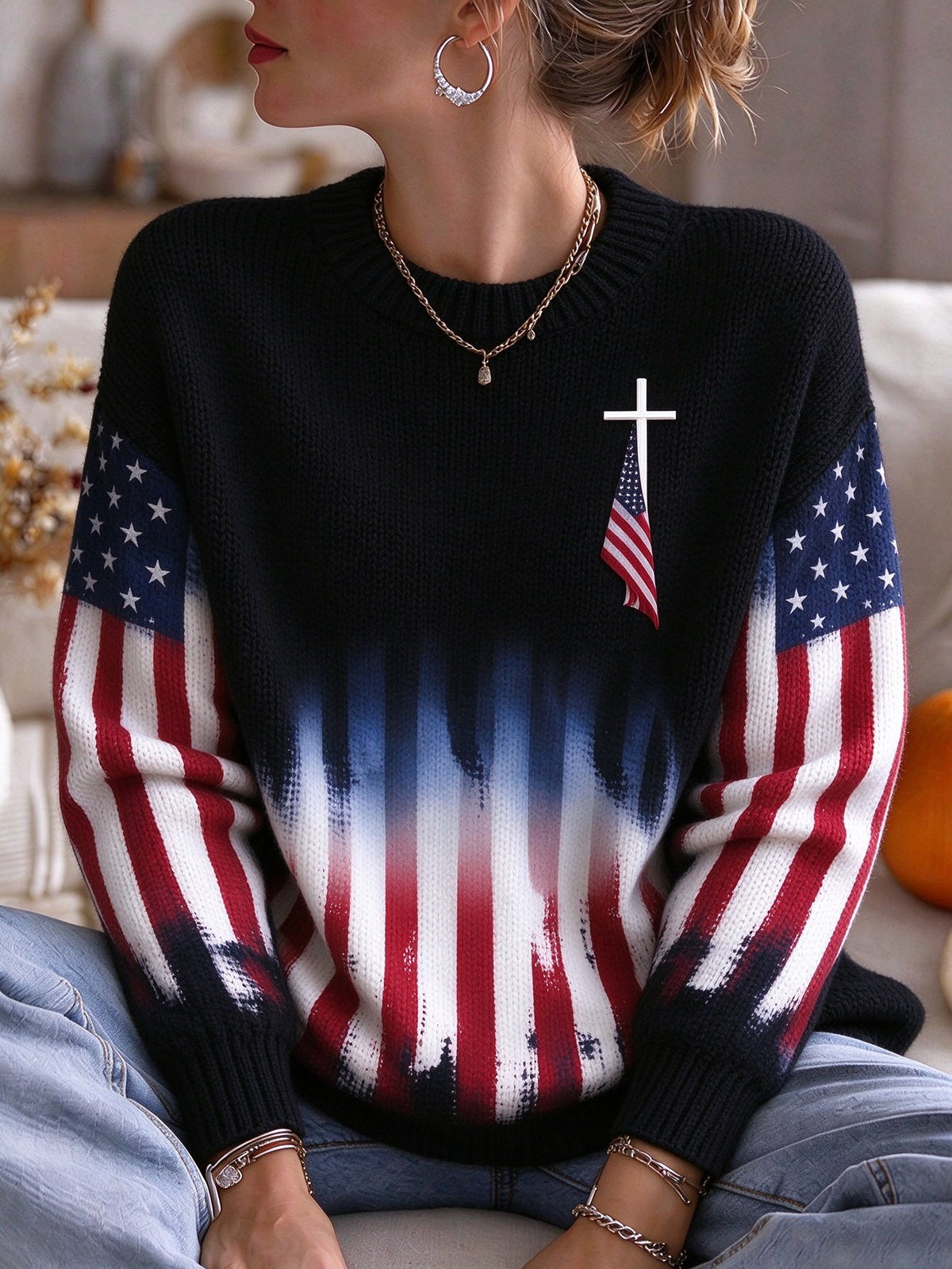 Women's Retro Faith Casual Round-Neck Knitted Sweatshirt