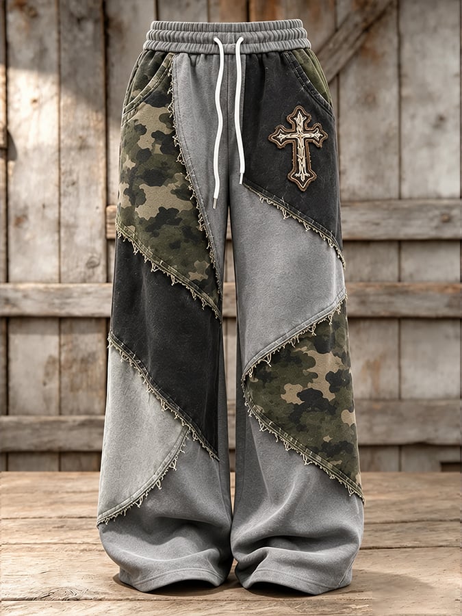 Women's Retro Camouflage Cross Pattern Patchwork Print Casual Sports Pants