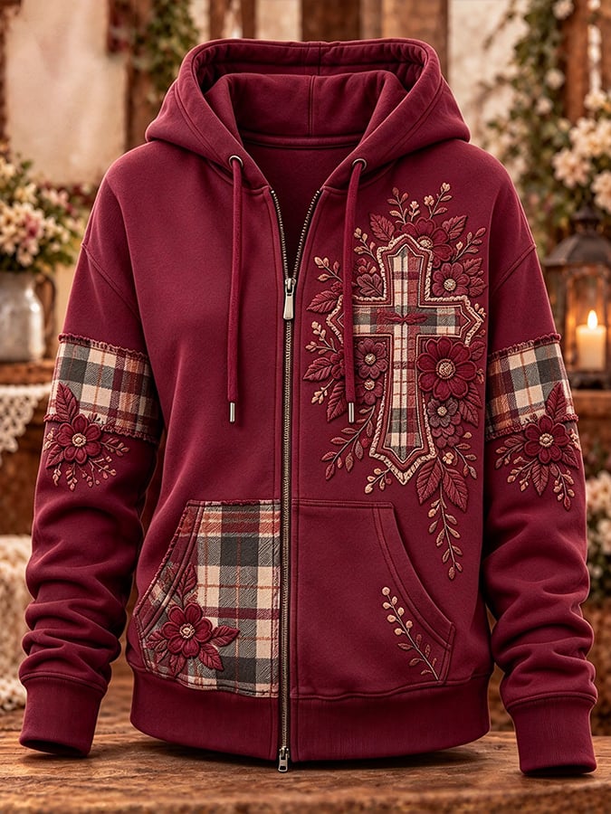 Women's Retro Camouflage Cross Pattern Patchwork Print Casual Hooded Sweatshirt