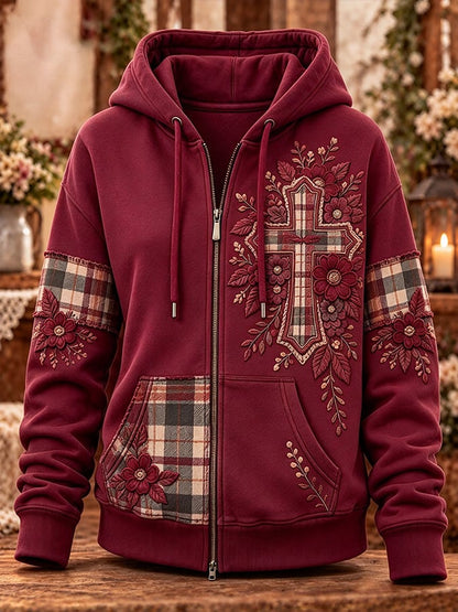 Women's Retro Camouflage Cross Pattern Patchwork Print Casual Hooded Sweatshirt