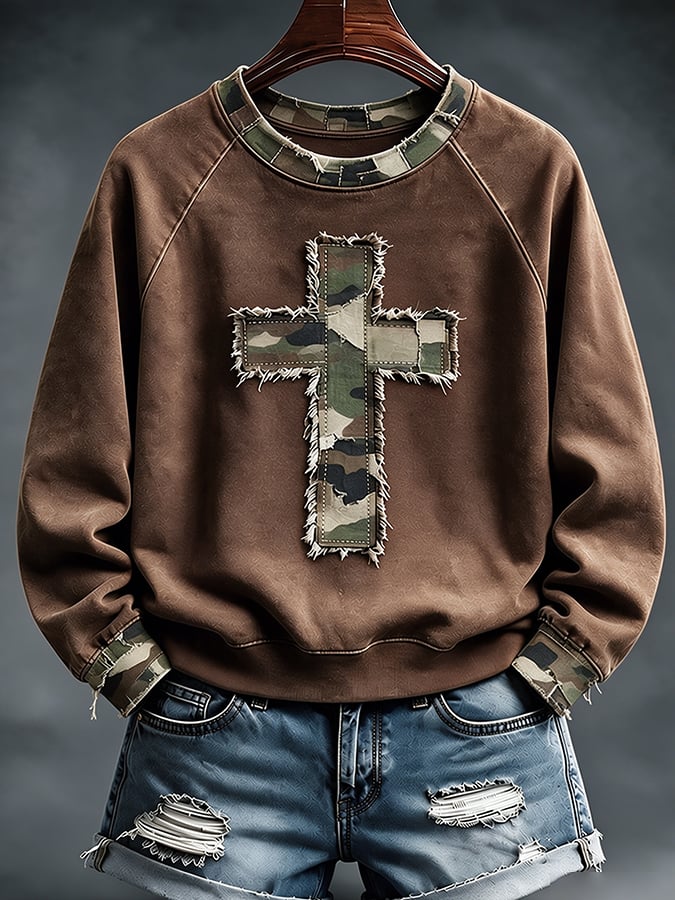 Faith Cross Camouflage Patchwork Print Casual Sweatshirt