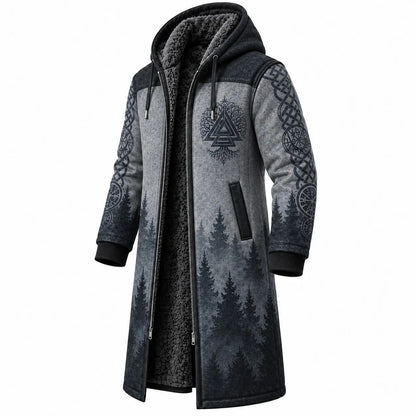 Slate Blue Gray Rune Print Longline Hooded Fleece Coat