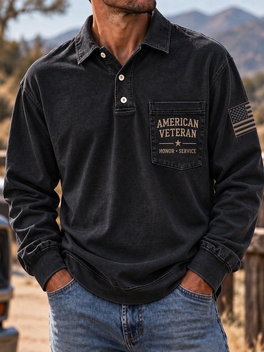 Men's Veteran Commemorative Print Long-Sleeve Polo Shirt