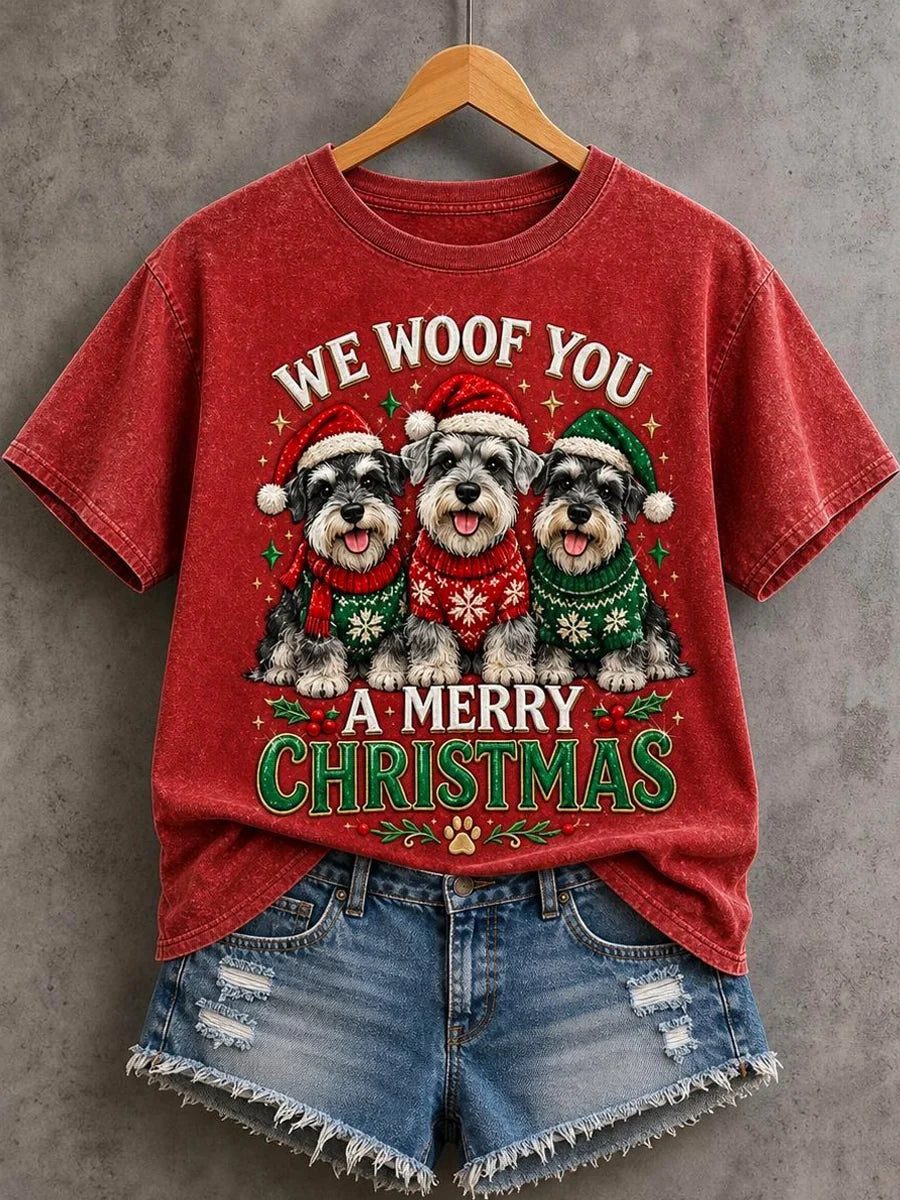 Women's We Woof You A Merry Christmas Schnauzer Print Dog Lovers Casual Tee