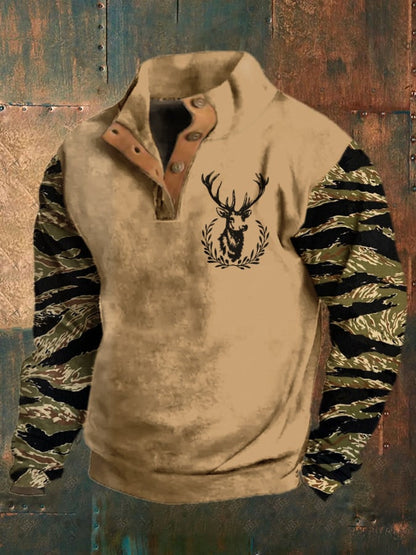 Men's Vintage Western Print Stand Collar Button-Down Sweatshirt
