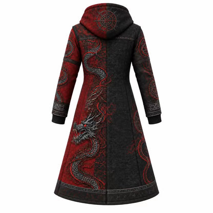 Black Red Nordic Pattern Longline Hooded Fleece Coat