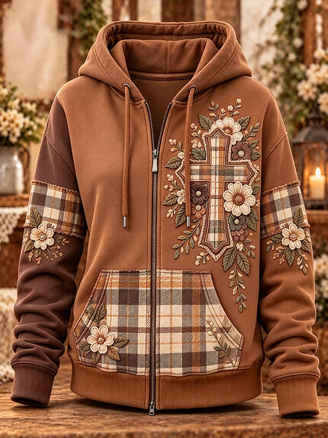 Women's Retro Camouflage Cross Pattern Patchwork Print Casual Hooded Sweatshirt