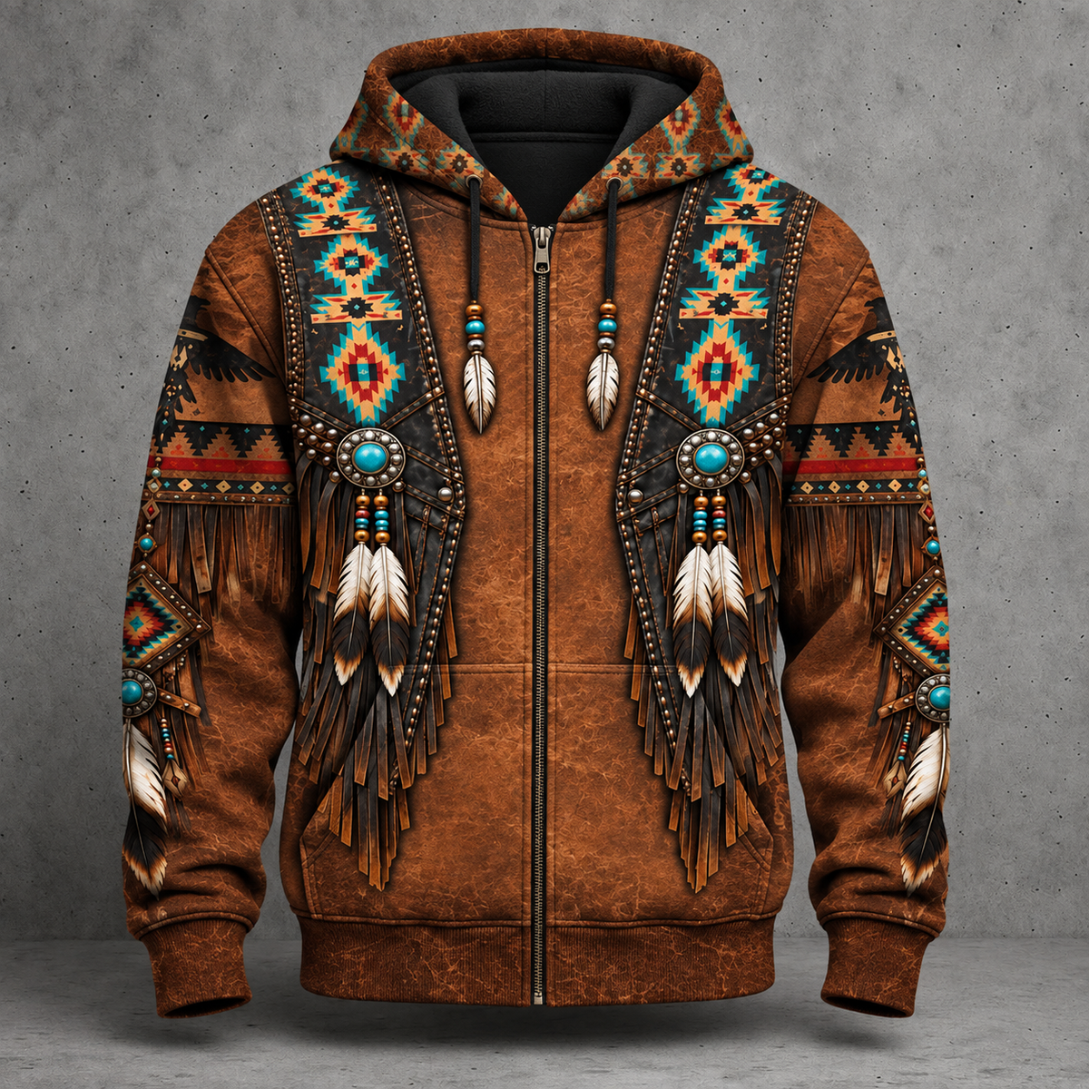 3D Hoodie Native American Faux Leather Vest Hoodie, Southwestern Tribal Eagle Feather Graphic